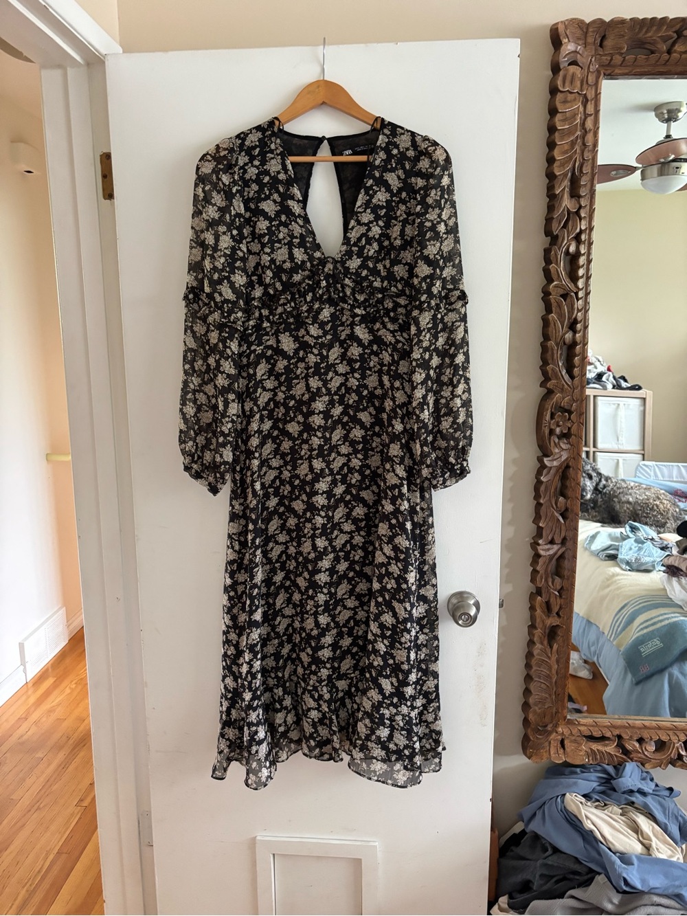 Zara Black Floral Long Sleeve Midi Dress